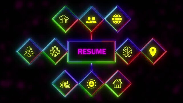 A Resume concept button on a futuristic .Neon Abstract seamless animation of hue effect background. 4k video