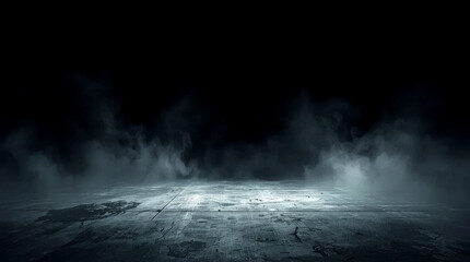 Texture dark concrete floor. empty space. The foreground features a detailed, textured concrete floor or stage, with subtle grunge and scuff marks. Thick, mysterious smoke or fog is rolling across