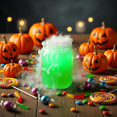 Halloween candy and pumpkin with jack-o-lantern and witch decoration in autumn celebration.