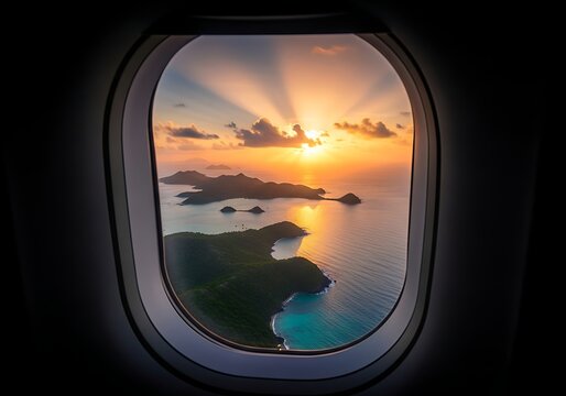 Fototapeta Breathtaking aerial view of a tropical island paradise at sunset seen through an airplane window