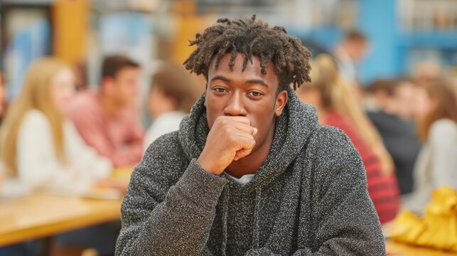 A young African man with curly hair sits at a table, looking thoughtful. He wears a gray hoodie. 
