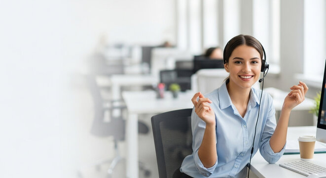 A joyful call center agent celebrates a success at her desk, gesturing with excitement. Perfect for showcasing customer satisfaction and team wins