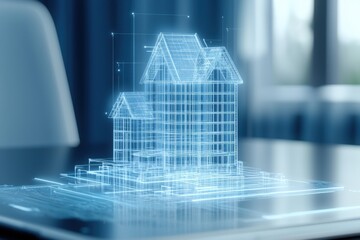 Engineer civil simulation Concept. 3D architectural model displayed on a digital screen with blueprints and technical details.