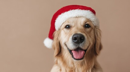 A cheerful golden retriever wearing a Santa hat, exuding warmth and festive spirit against a neutral background.