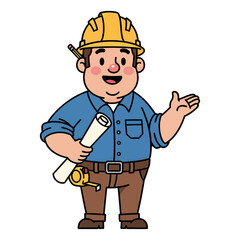 Friendly cartoon construction worker character presenting a building project concept with blueprints and a toolbelt