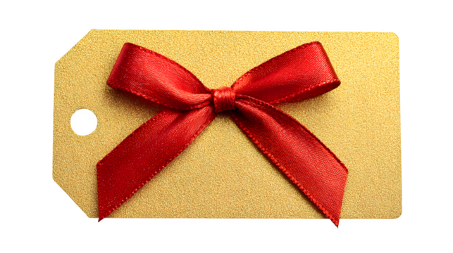 Golden Christmas gift tag with red ribbon bow on a white background