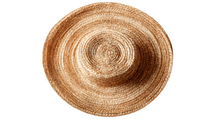 Straw beach hat top view with circular shape on a white background