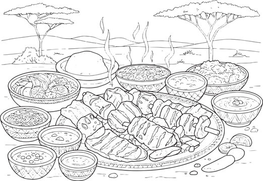 Detailed illustration of Kenyan Nyama Choma with various accompa