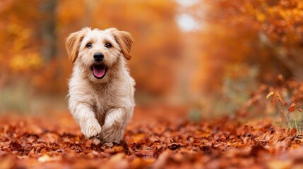 A joyful dog runs through a forest path covered in vibrant autumn leaves, showcasing the beauty of the season.