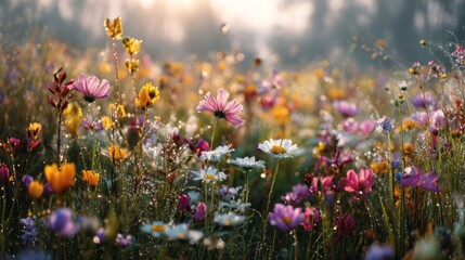 Obraz premium Colorful wildflowers meadow morning dew