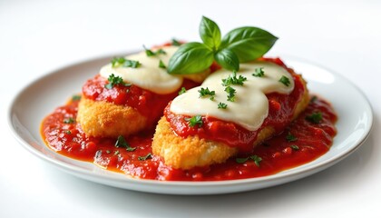 Crispy breaded chicken parmesan cutlet topped with melted mozzarella cheese and marinara sauce. Garnished with fresh basil and parsley. A delicious Italian meal, perfect for dinner or lunch.