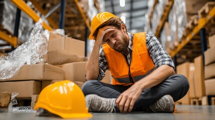 Warehouse worker stressed and sitting on the floor