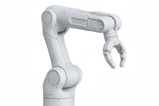 White robotic arm extending its claw-like hand, isolated on a transparent background, ready for manipulation or interaction
