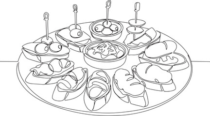 Elegant line drawing illustration of various tapas presented on