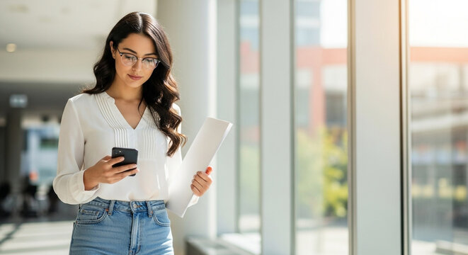 A focused businesswoman multitasks, checking her phone while holding documents in a sunlit modern corridor, showing digital efficiency on the move