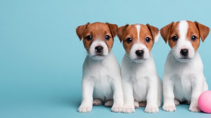 Three adorable puppies sit side by side against a light blue background, showcasing their playful expressions and distinct markings.