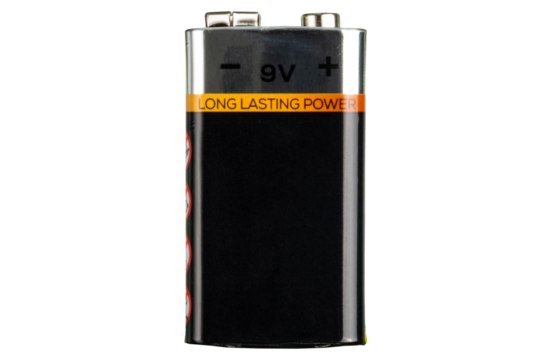Nine volt battery. 9 volt alkaline battery. PP3 battery. 9 volt battery isolated