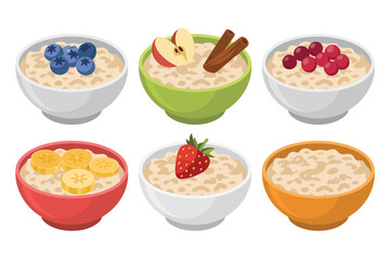 Six bowls of delicious oatmeal topped with various fruits and spices