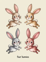 Obraz premium Four Cartoon Bunnies Jumping Happily 