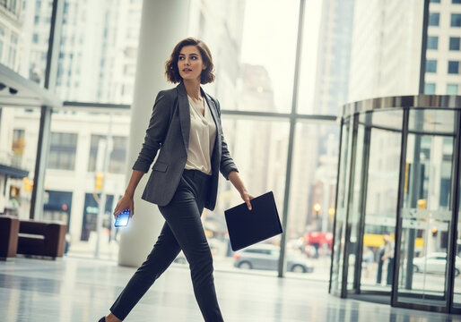 An ambitious businesswoman walks with determination past a modern city building, representing a forward-moving career and urban professional life