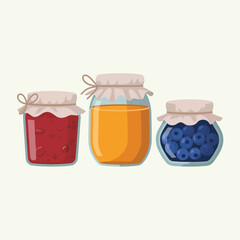Three jars of sweet preserves jam honey and blueberries