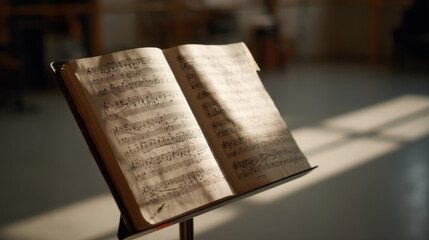 Vintage sheet music on stand illuminated by soft natural light