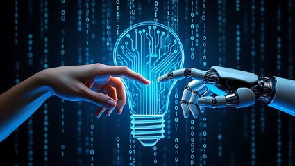 Human and robot hands connect to a glowing digital light bulb