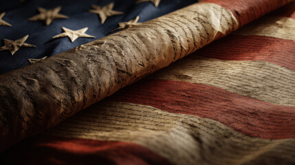 Historic parchment scroll on american flag symbolizing freedom and democracy
