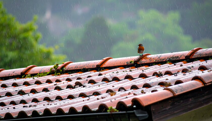 Robin perched on terracotta roof tiles during a heavy downpour