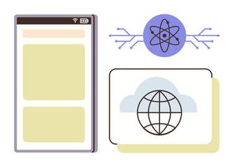 Smartphone screen, atom symbol with circuit lines, cloud over earth. Ideal for technology, cloud computing, science, innovation, global connectivity, online services education simple flat metaphor