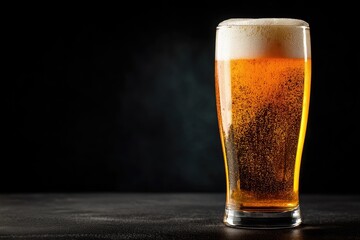 Effervescent glass of golden beer with thick foam against a dark background, ideal for bar menus, celebration promotions, or beverage branding visuals