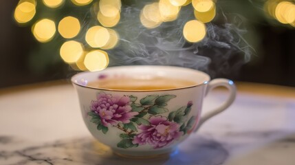 Fototapeta premium Porcelain teacup with peony motifs emitting steam against bokeh fireworks for tea culture campaigns or festive visuals.