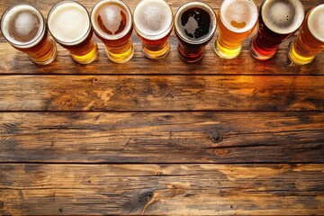 Row of assorted craft beer glasses on rustic wooden table, ideal for brewery branding, pub promotions, and tasting event advertisements