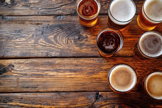 Top view of assorted craft beer glasses with frothy heads on rustic wooden table, ideal for brewery menus, tasting event flyers, and beer-related social posts