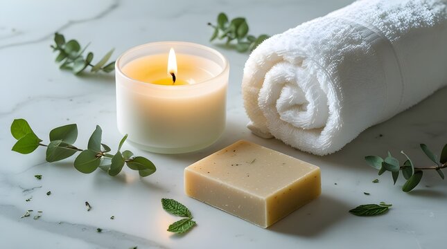 Spa-Themed Arrangement with Candle, Soap and Eucalyptus on White Stone
