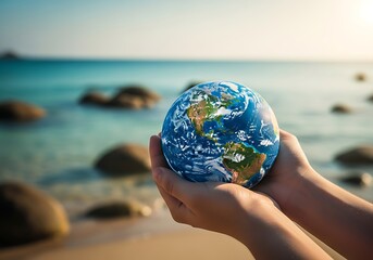 Hands gently cradle a vibrant earth globe against a serene beach backdrop with calm ocean waves and scattered rocks