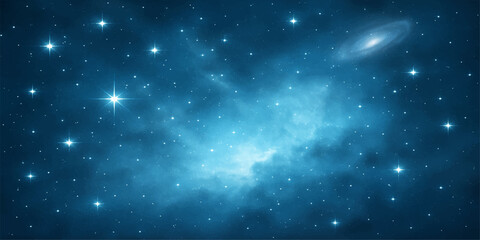 An abstract blue space background with a starry nebula and glowing light