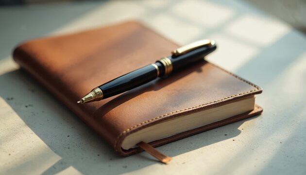 Classic leather journal, pen rest on desk, ready for writing, ideas. Rich brown cover, elegant black pen with gold accents suggest sophisticated tool for creative thought, note-taking. Natural light - Powered by Adobe
