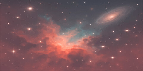 A dark galaxy night sky shimmers with bright stars, colorful nebula, and planets in a vast, abstract cosmos