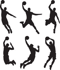 Different Black Silhouette Slam Dunk Poses on White Background