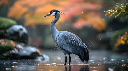 Naklejka premium Poised crane standing on one leg in a tranquil Japanese garden pond