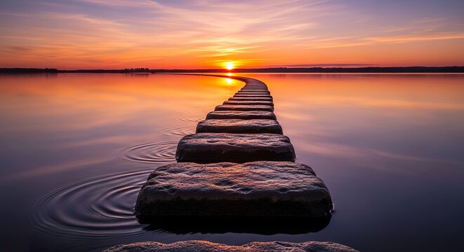 Sunrise path across calm lake