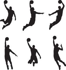 Different Black Silhouette Slam Dunk Poses on White Background