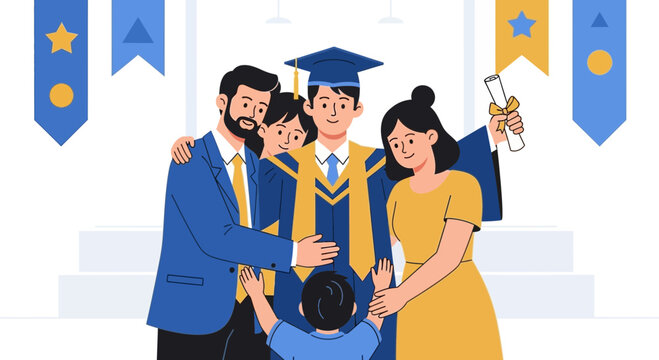 A happy family celebrates their son's graduation with love and achievement