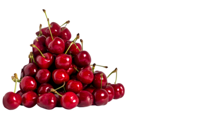 Pile of red cherries in corner layout on white background