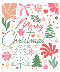Boho Flowers Merry Christmas SVG PNG, Merry Christmas Bow SVG, Christian Christmas SVG
