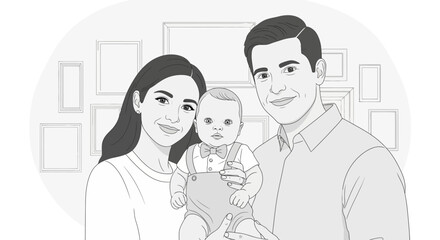 Obraz premium A monochrome illustration of a happy family portrait featuring parents and baby