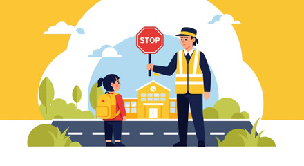 A school crossing guard helping a young girl cross the road safely near school, protecting kids and enforcing traffic rules for children
