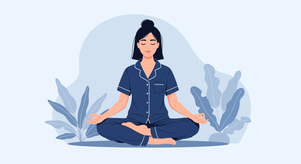 A serene woman in pajamas meditates in a lotus position with plants backdrop promoting wellness and relaxation for a peaceful moment