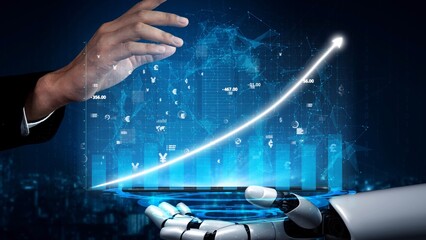 A human hand reaches out to a robotic hand, engaging with a holographic interface displaying digital data and growth metrics, symbolizing collaboration between technology and business. Copula